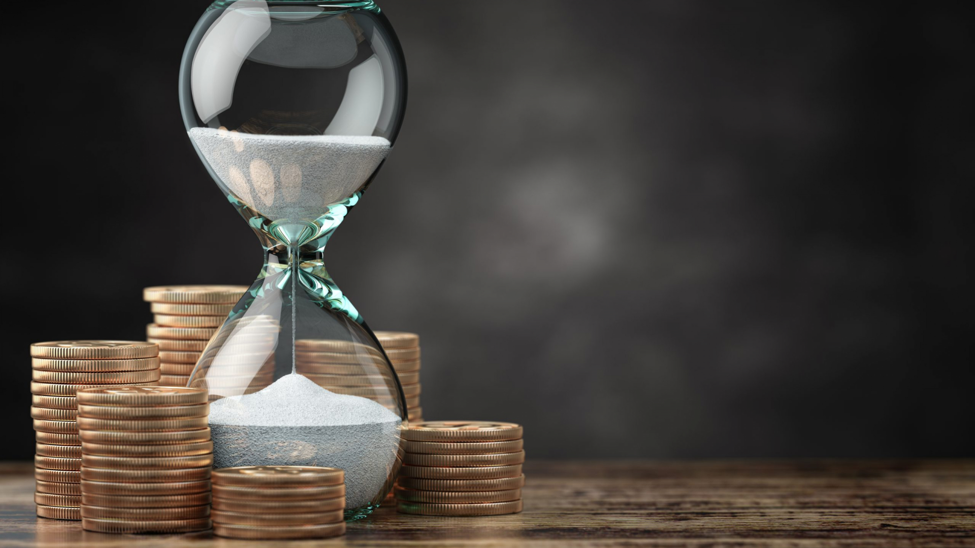 Golden coins and hourglass clock. Return on investment, deposit, growth of income and savings, time is money concept. 3d illustration