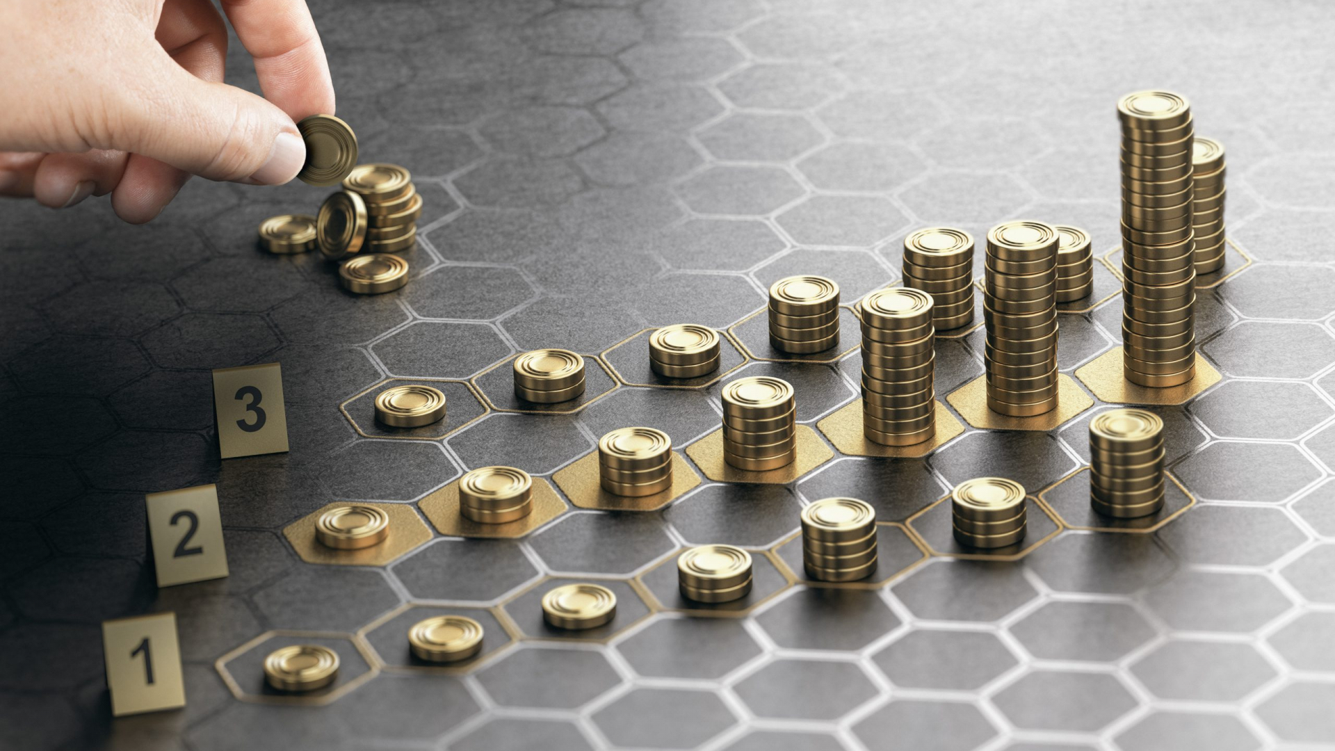 Human hand stacking generic coins over a black background with hexagonal golden shapes. Concept of investment management and portfolio diversification. Composite image between a hand photography and a 3D background.